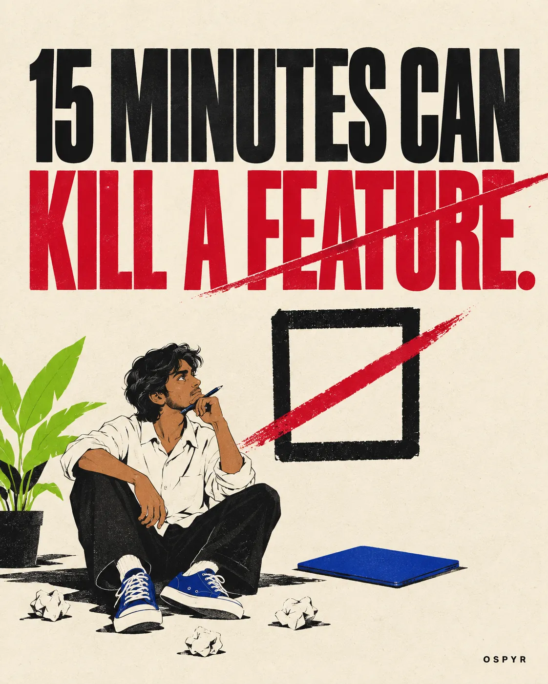 An illustrated founder considering an empty feature box beneath the words: 15 minutes can kill a feature.