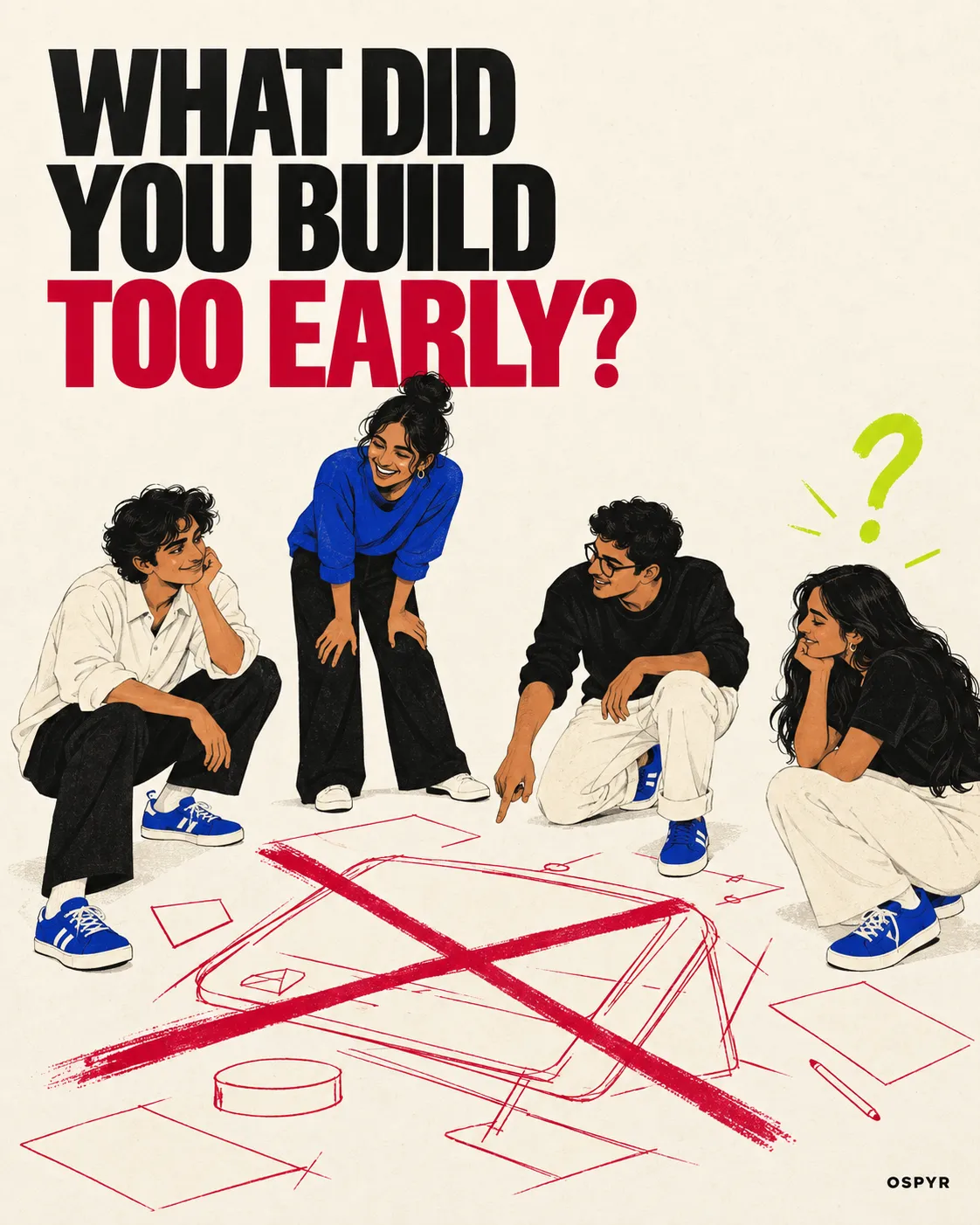 Four illustrated founders reviewing a crossed-out product plan beneath the question: What did you build too early?