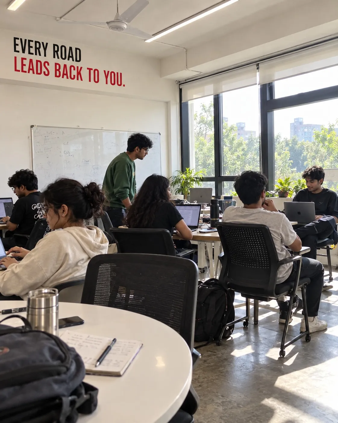 A team in a bright workspace beneath the words: Every road leads back to you.