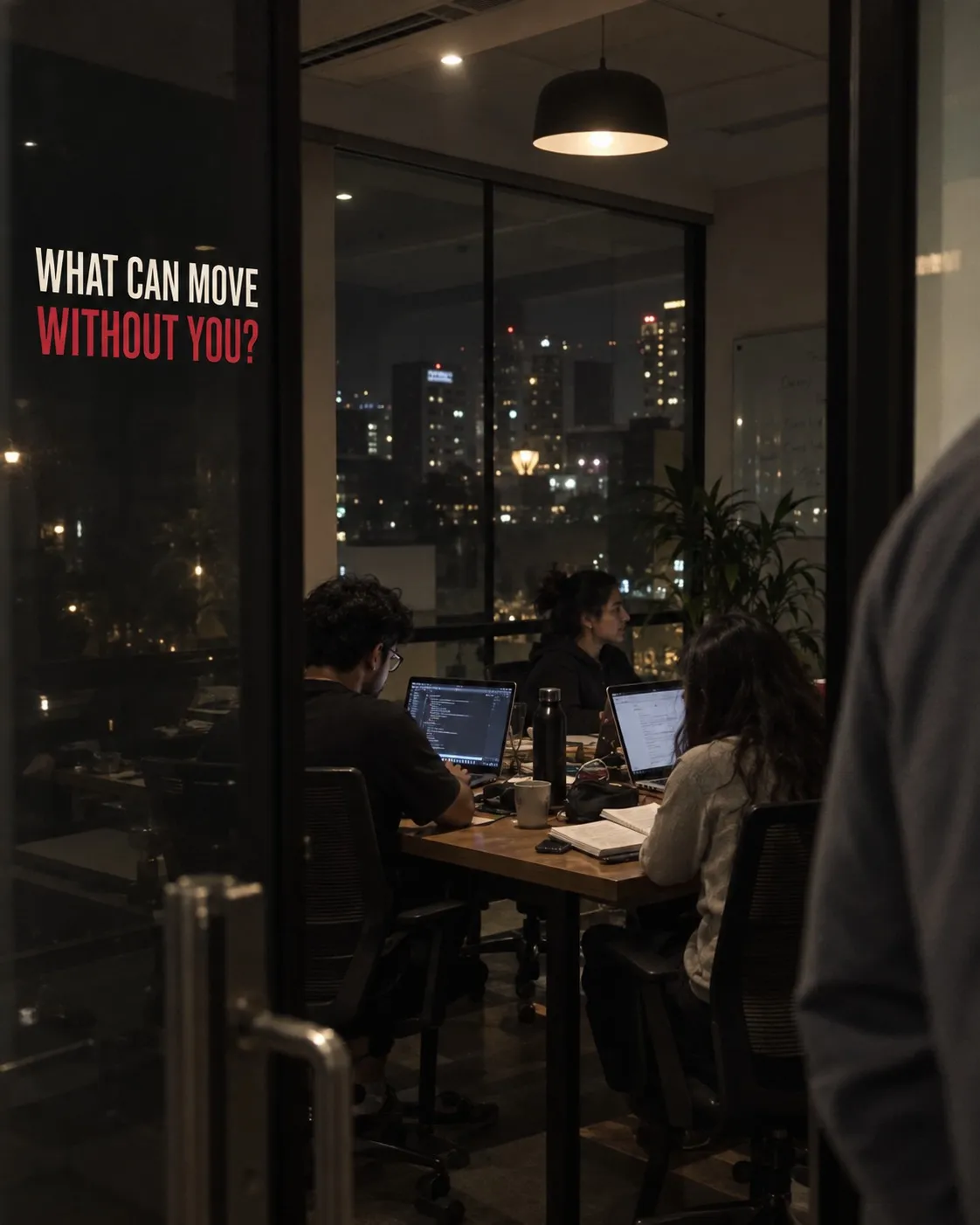 A team working in a glass meeting room beneath the question: What can move without you?